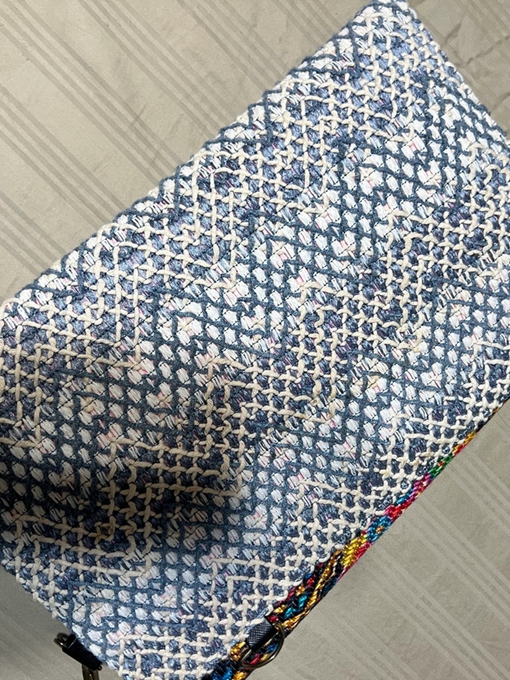 Woven Blue & White Crossbody Clutch with Multicolor Strap